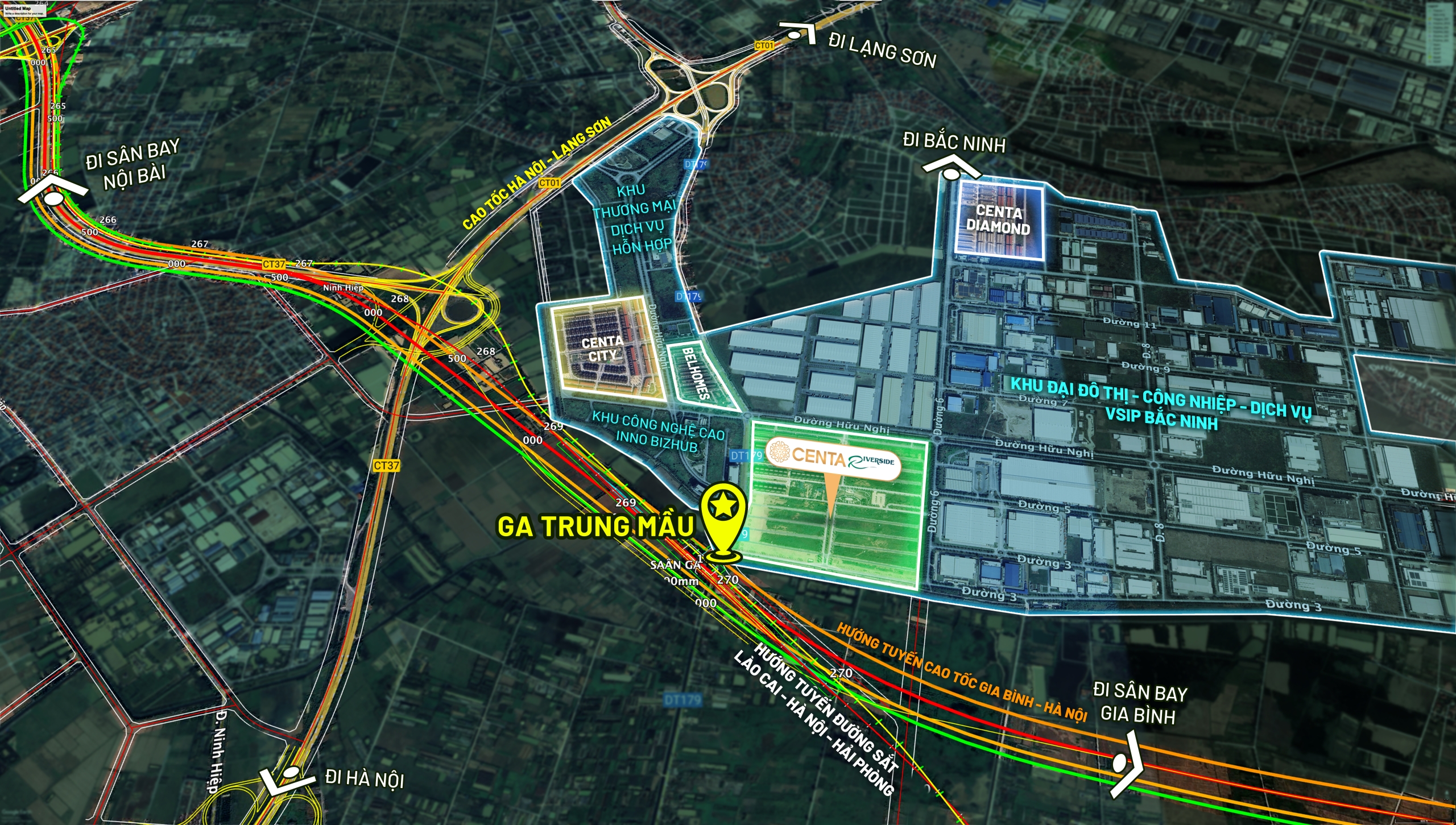 Bản đồ vị trí Centa Riverside VSIP Bắc Ninh gần ga Metro Trung Màu kết nối Hà Nội